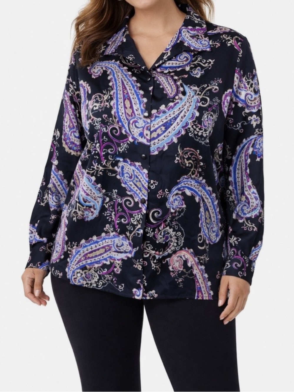 Chico’s No Iron Black Paisley Cotton Long Sleeve Button Down Shirt Sz 1 / 8/10